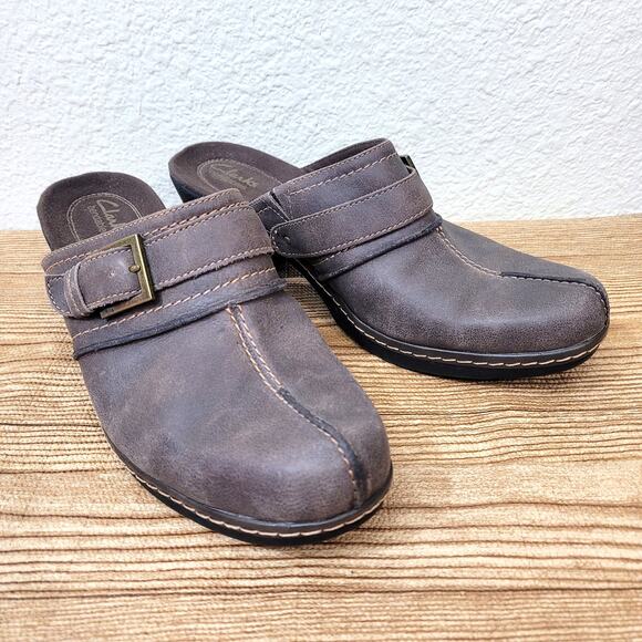 Clarks Bendables Leather Clogs Womens Shoes SZ 12 Brown Mules Buckles Split - Picture 10 of 11